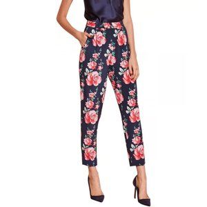 Fleur du Mal Navy Floral Silk Tapered Pants In Vintage Rose